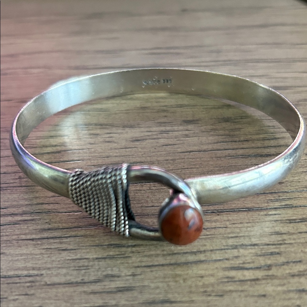 Sterling Silver Bangle with Brown Jasper Stone Accent